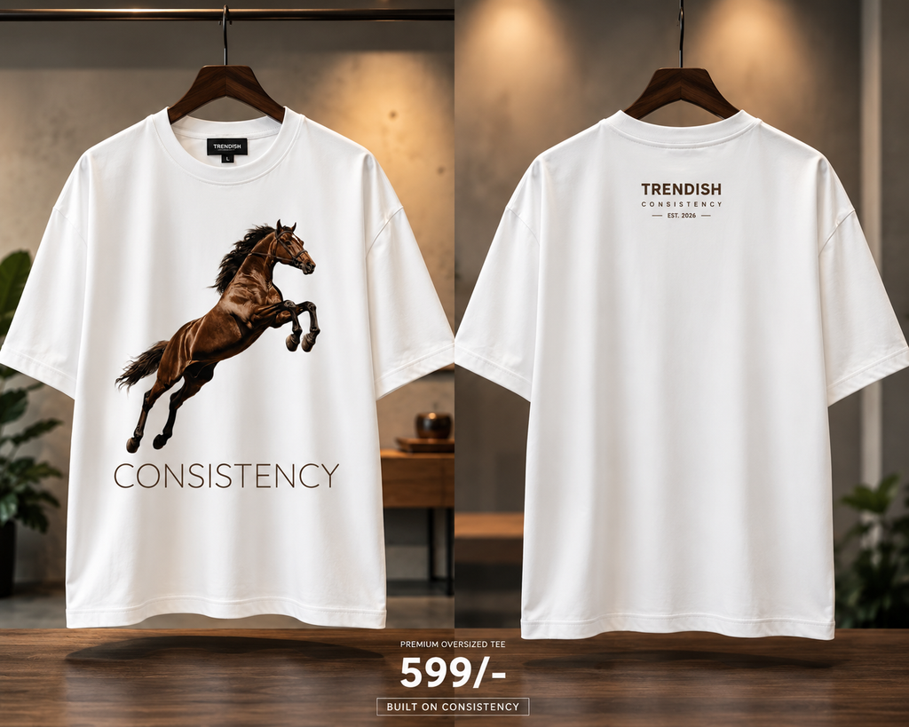 TRENDISH Consistency oversized T-shirt professional front and back mockup at ₹599