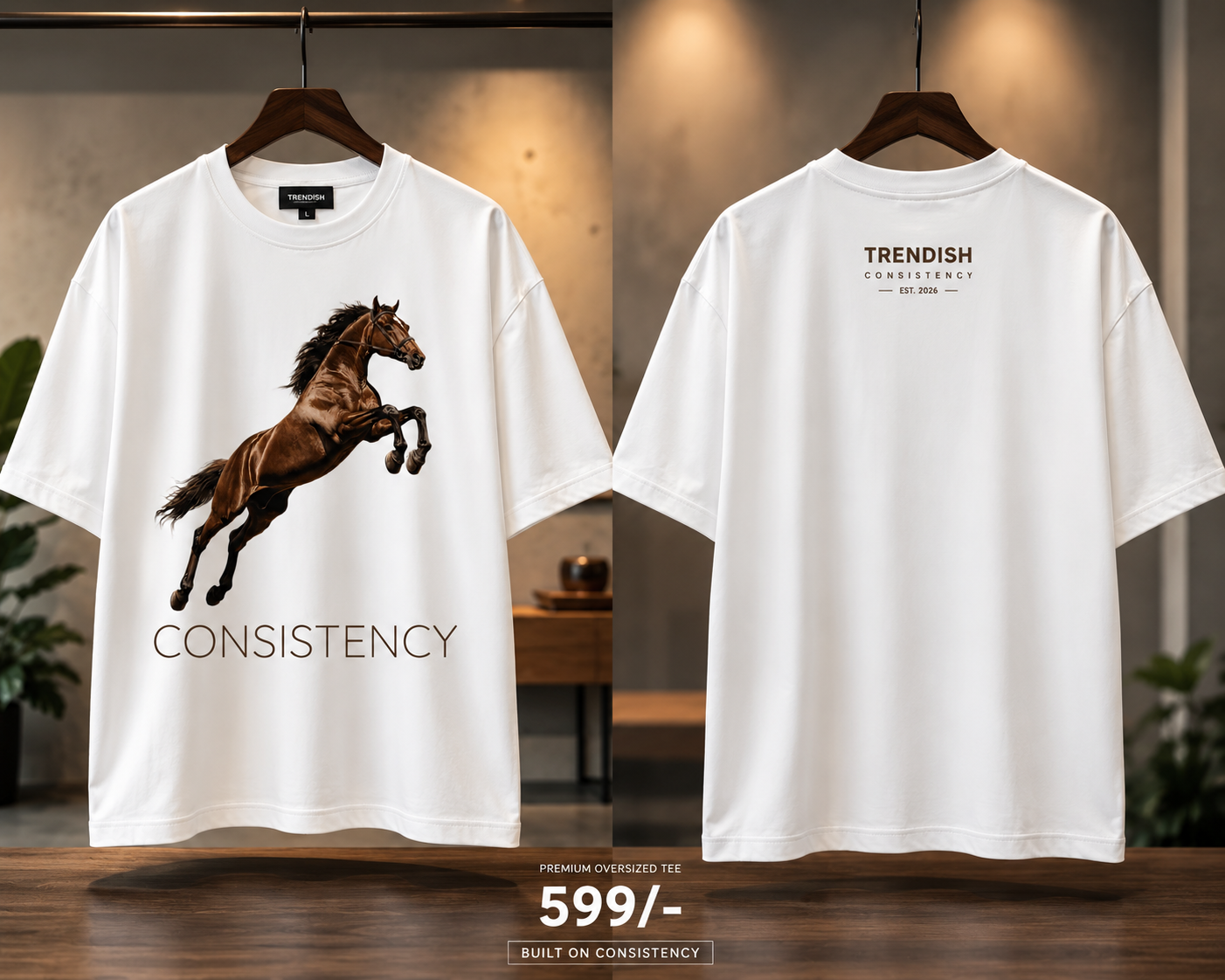 TRENDISH Consistency oversized T-shirt professional front and back mockup at ₹599