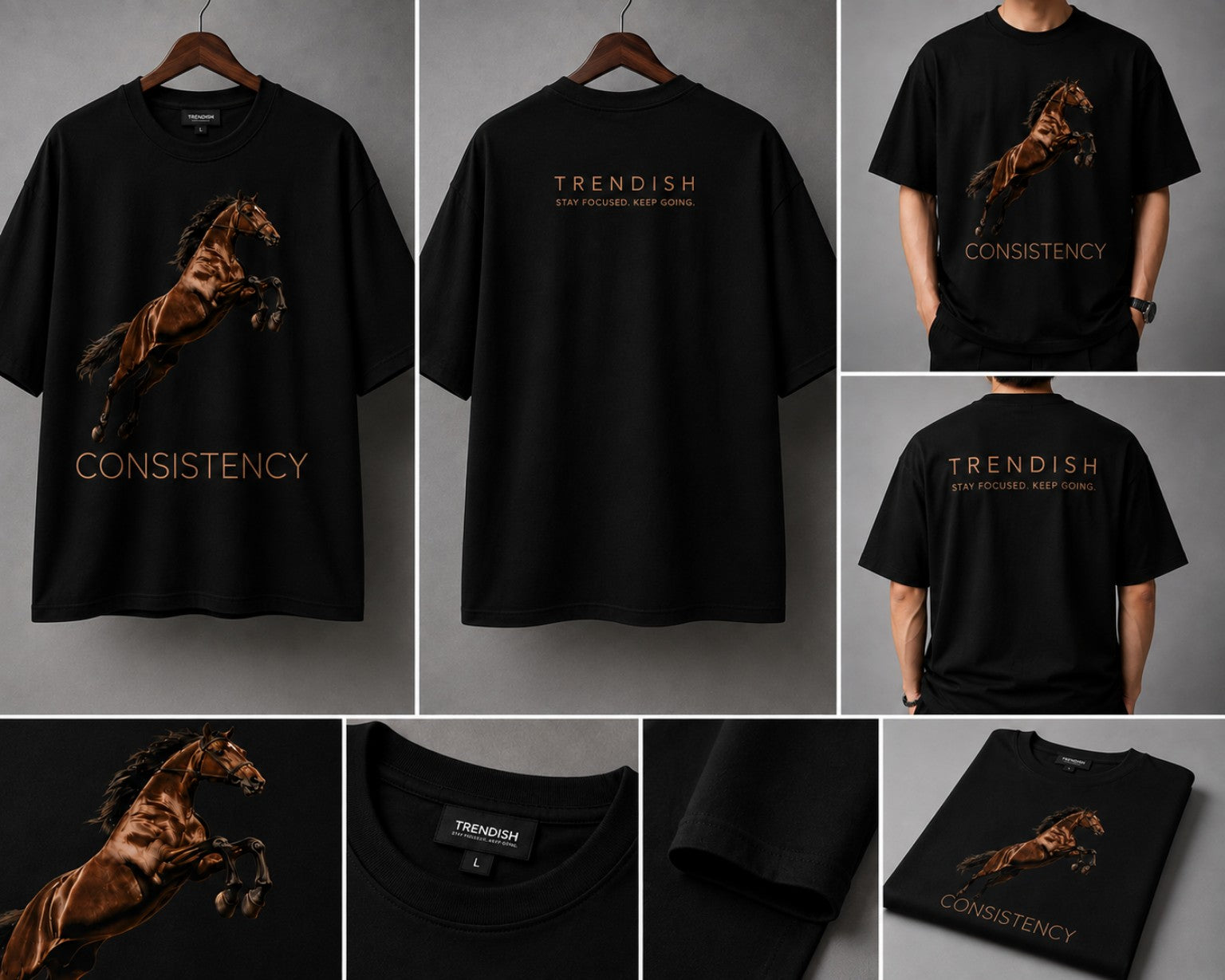 TRENDISH Consistency black oversized T-shirt front back model and detail views