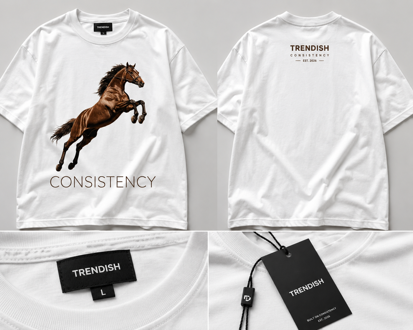 TRENDISH Consistency oversized T-shirt front, back and branded tag mockup