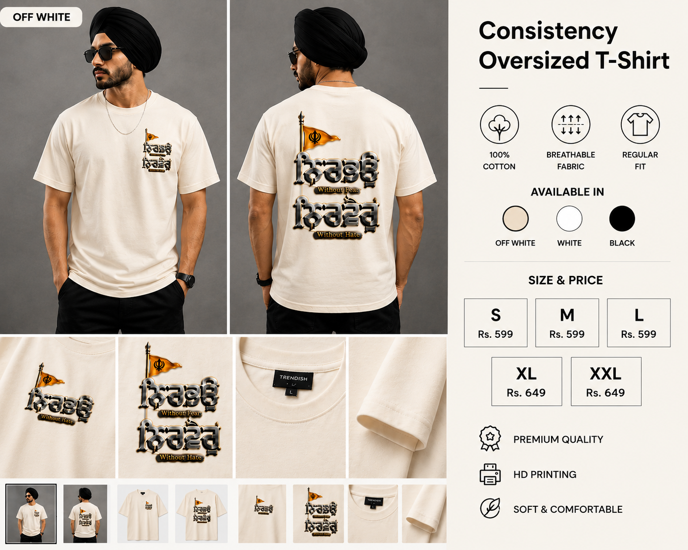 TRENDISH Nirbhau Nirvair off white oversized T-shirt front and back