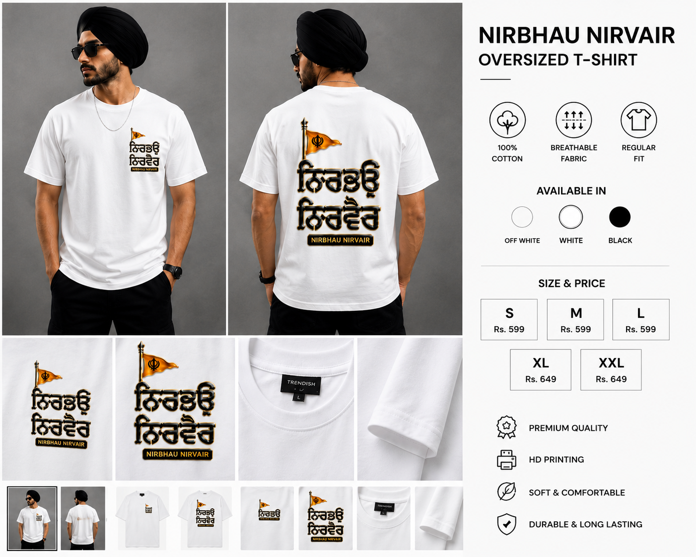TRENDISH Nirbhau Nirvair white oversized T-shirt front and back product showcase