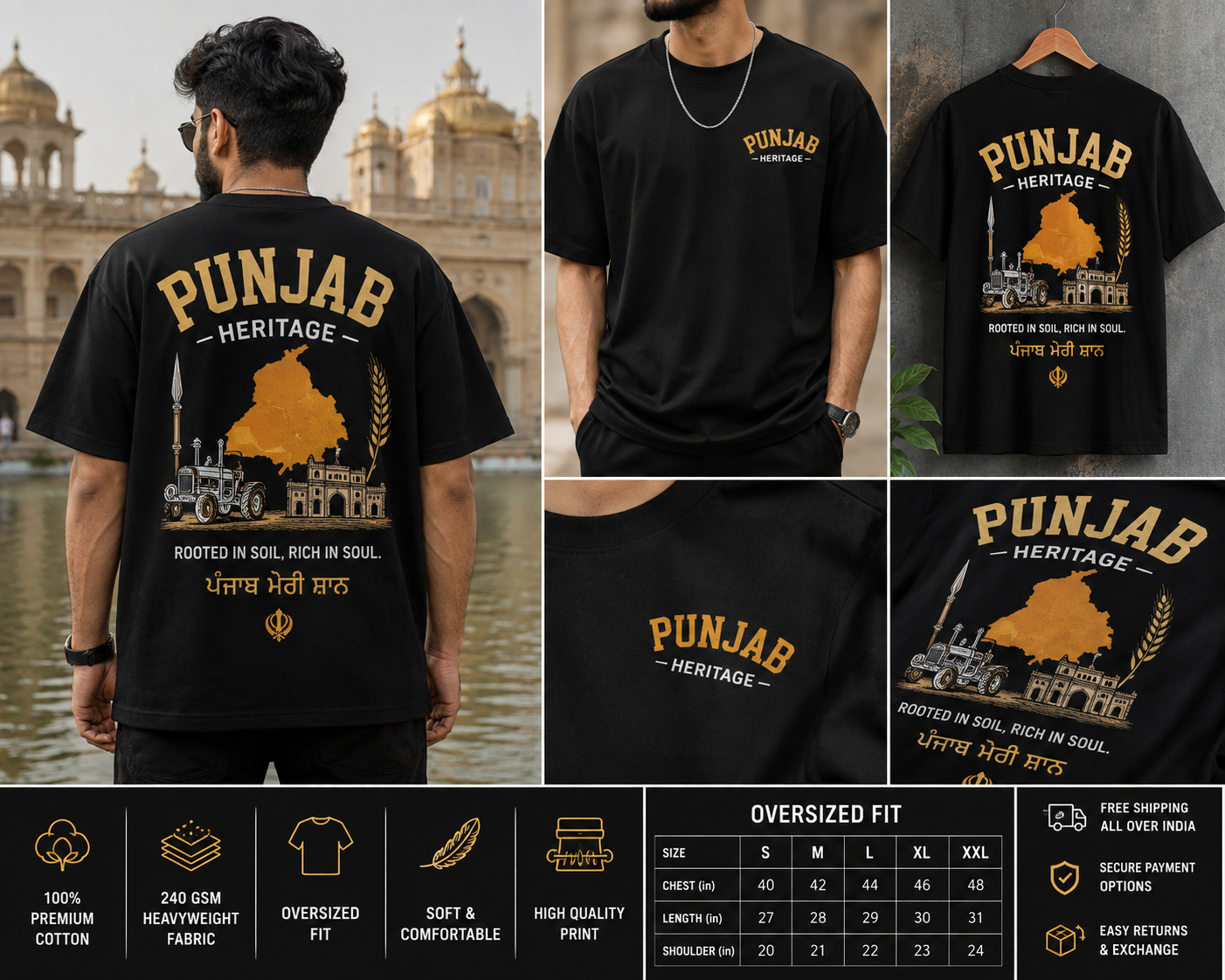 TRENDISH Punjab Heritage oversized black T-shirt front and back