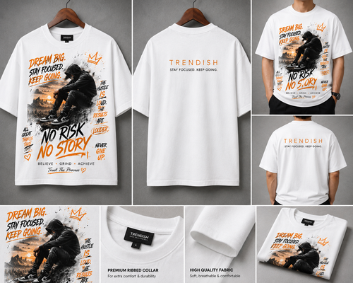 TRENDISH Dream Big No Risk No Story white T-shirt